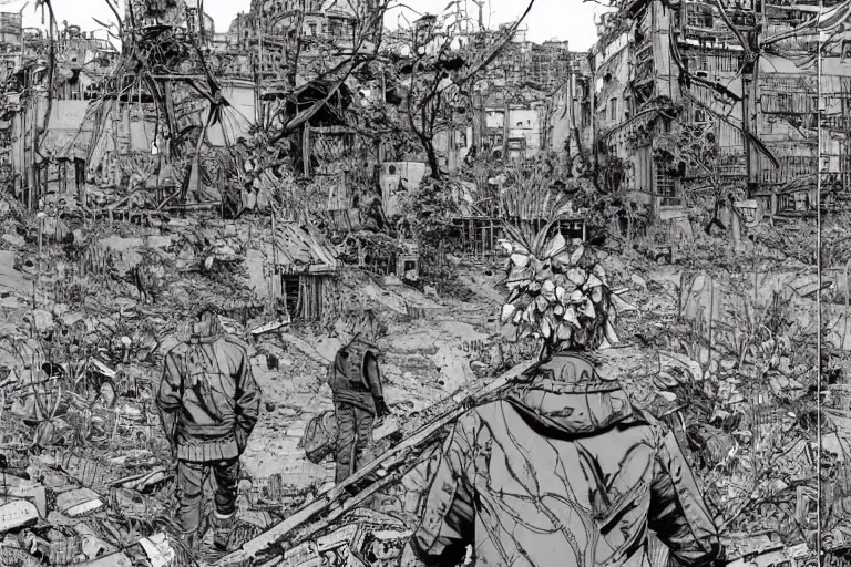 Prompt: on the street of abandoned town 2 people huddled together with spiny giant plants bursting through them, surreal, very coherent, intricate design, painting by Laurie Greasley, part by Yoji Shinkawa, part by Norman Rockwell