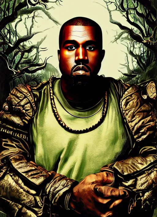 Prompt: portrait of kanye west stars in the sky fairies with detailed faces enchanted forest on the ground psychedelic wide angle shot white background vector art illustration gears of war illustration gta 5 artwork of kanye west, in the style of gta 5 loading screen, by stephen bliss by hieronymus bosch and frank frazetta