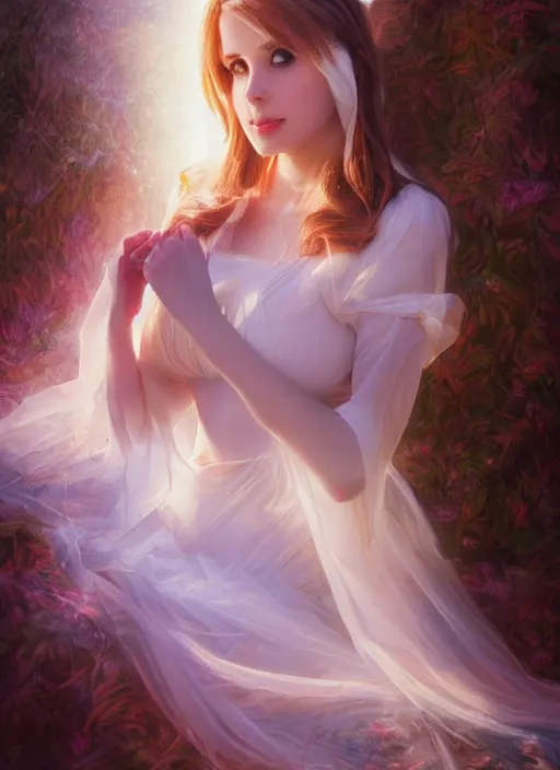 Image similar to of ethereal fantasy, young beautiful Amouranth, elegant, ethereal dreamy light, art by James Jeani