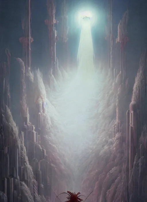 Prompt: giant white glowing angel rising above foggy city by wayne barlowe, wes anderson, roger dean, mikalojus konstantinas ciurlionis and wadim kashin, rich moody colours, 90-s anime, ethereal, lo-fi retro videogame