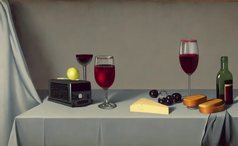 Image similar to an achingly beautiful still life featuring tillamook cheese, and red wine and an old computer by Raphael, Hopper, and Rene Magritte. detailed, romantic, enchanting, trending on artstation.