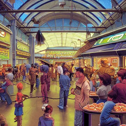 Prompt: food court at a crowded space station, michael whelan, cyberpunk, retrofuture, illustration