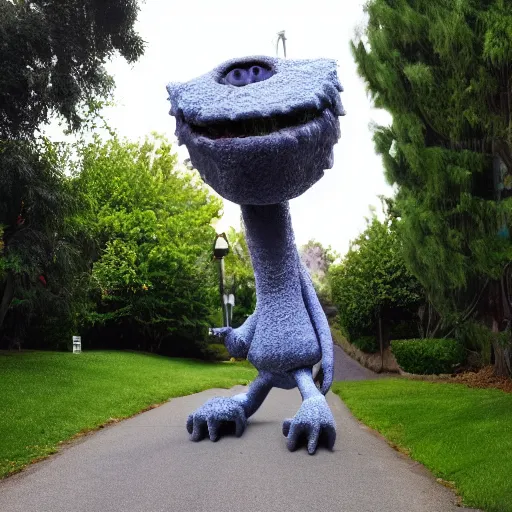 Prompt: tall monster with elongated limbs standing in an urban cul de sac neighborhood, realistic lighting, ultra hd 4 k