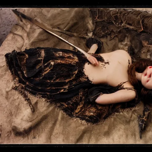 Image similar to beautiful human princess in burned clothes rests after slaying an enormous dragon, highly detailed, 16mm, color film photography