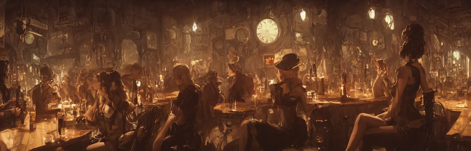 Prompt: women in the interior of a steampunk pub, Greg Rutkowski, Milo Manara, night time, smoking cigarettes, party hard, highly detailed, Quentin Tarantino movie posters, pulp fiction, level design, concept art, artstation, cgsociety, zenith view