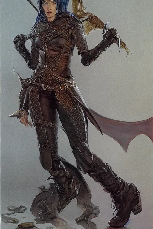 Prompt: Portrait of a beautiful female Half-Elf Rogue in high heeled leather boots, extremely detailed fantasy art in the style of Gerald Brom