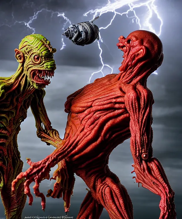 Prompt: hyperrealistic rendering, epic boss battle, cronenberg flesh monster, by art of skinner and richard corben, product photography, collectible action figure, sofubi, hottoys, storm clouds, outside, lightning