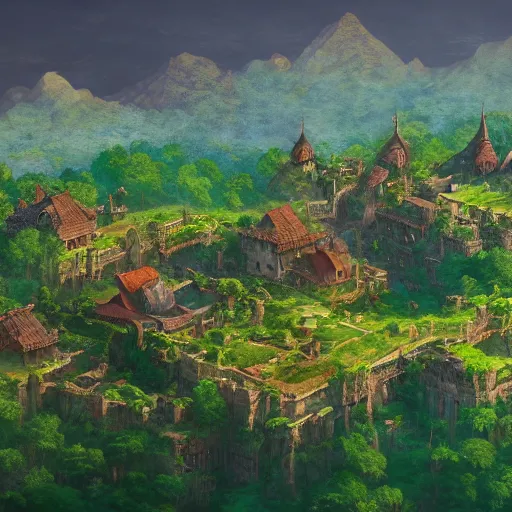 Prompt: beautiful render of forgotten kingdom with nearby village, by andreas rocha and makoto shinkai, green color, aerial photography, ultrawide lens, unreal engine, 4 k hd wallpaper : 2