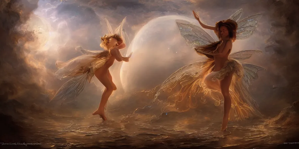 Prompt: concept art of translucent glowing curvy buxom brown fairy dancing booty, renaissance, flowy, melting, round moons, rich clouds, very detailed, volumetric light, mist, fine art, textured oil over canvas, epic fantasy art, very colorful, ornate intricate scales, skulls, fractal gems, 8 k, hyper realistic, high contrast
