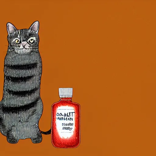 Prompt: a cat standing next to a bottle of medicine, orange cat, animal, digital art, smooth, illustration, wide image,