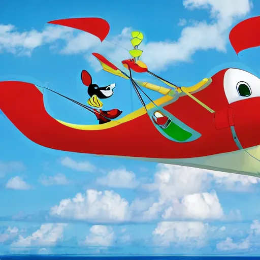 Prompt: a cartoon horse got on top of the roof of a plane, and flies it to the maldives, the islands, style of cartoon, disney studio,