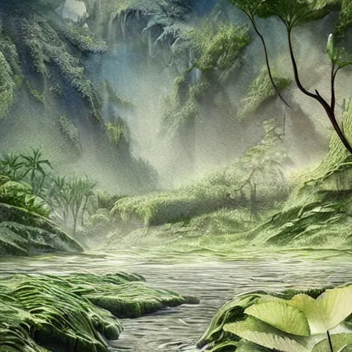 Image similar to beautiful detailed watercolor of a lush natural scene on an alien planet by vincent bons. ultra sharp high quality digital render. detailed. beautiful landscape. weird vegetation. water. soft colour scheme. grainy.