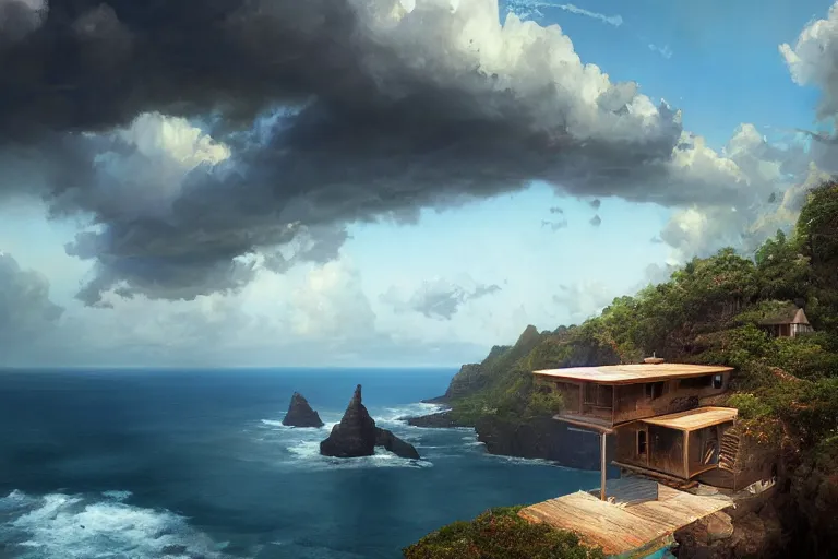 Prompt: lovely a - frame home sits atop a broad cliff | overlooking the entirety of the blue sky | digital painting by greg rutkowski and gaston bussiere | zbrush | cgsociety contest winner | comprehensive art | intricate | landscape photography | brightly radiant atmosphere | overcast sky | homogeneous to hawaii | 4 k | 8 k