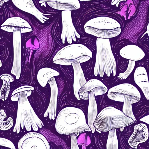 Image similar to mushrooms on a black background, purple internal glow, wallpaper, Illustration, Anatomical Drawing, Painting