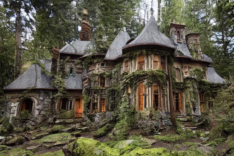 Prompt: photograph of a fantasy style woodland mansion in an ancient forest