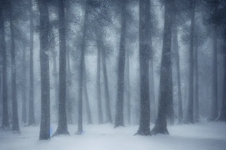 Image similar to portrait of juniper trees in a forest during a blizzard. shadow and light. rays of light. energetic, dynamic, lively, detailed, intricate, complex. fine art by hayao miyazaki, akira toriyama, makoto shinkai, and ohara koson. studio lighting. tilt and shift lens. bokeh.