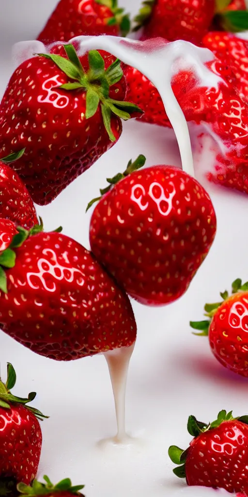 Prompt: a close up photo of milk pouring over a strawberry, macro, highly detailed, blurred background, studio lighting,