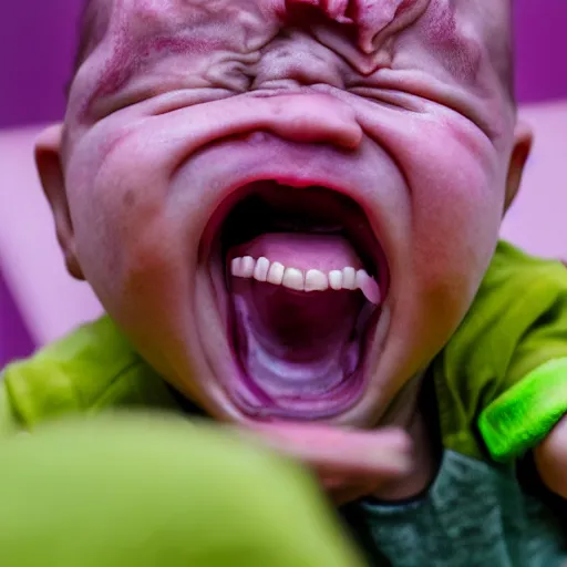 Image similar to dslr photo of an angry baby, screaming, whose head is a red cabbage