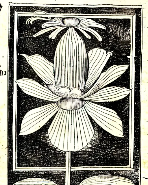 Image similar to an illustration of the head of a lotus flower from the nuremberg chronicle, 1 4 9 3