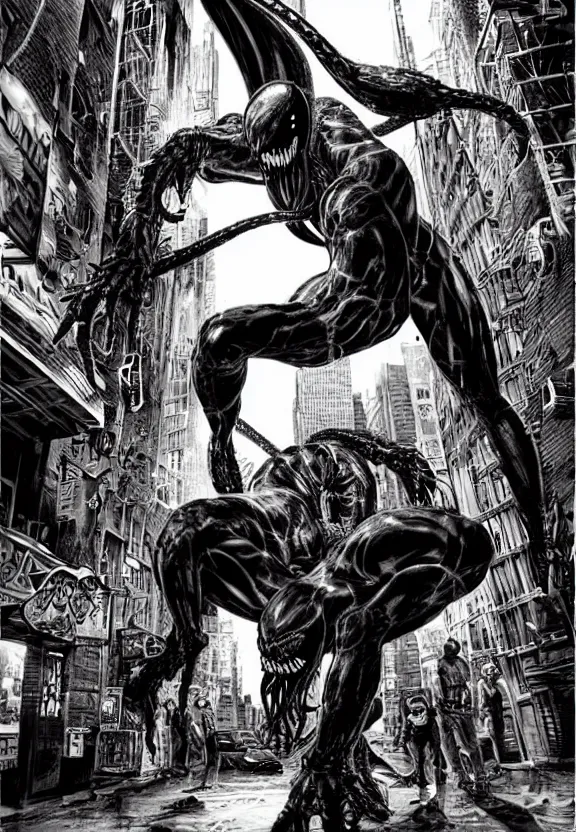 Image similar to venom in a new york alley at night by lee bermejo and simon bisley