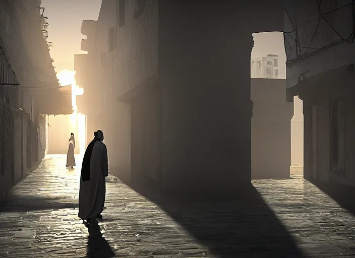 Prompt: old jeddah city alley, roshan, old shops, horse, magical glowing portal to another dimension, a man wearing a white robe standing watching over, dramatic lighting, dawn, by caspar david friedrich, unreal engine 5