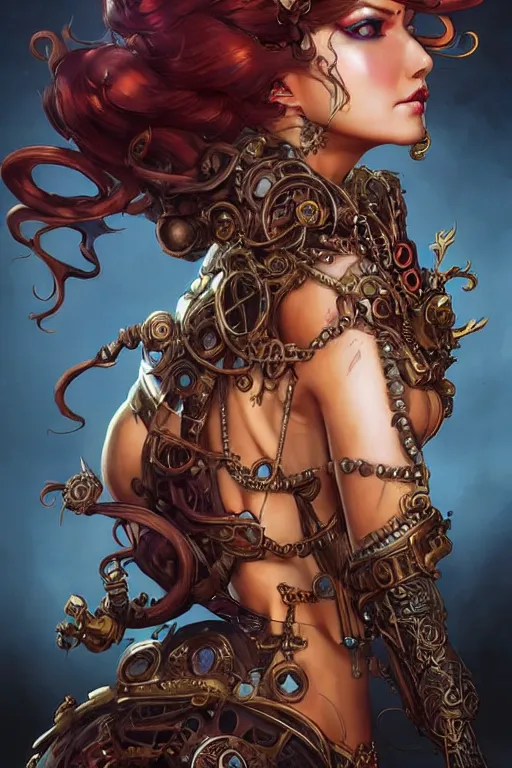 Image similar to front-side portrait sensual Lady Mechanika with ginger wavy hair, Intricate, steampunk imagery themed, D&D!, fantasy style, sharp focus!, ultra detailed, art by Artgerm and Peter Andrew Jones, WLUP