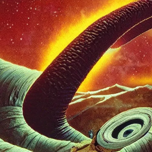 Image similar to a giant space worm eating the planet earth. horror science fiction film