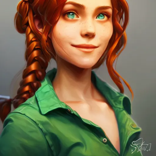 Prompt: an insanely detailed realistic depiction of smiling beautiful leah from stardew valley, green shirt, auburn hair, french braid, in the style of peter mohrbacher, artgerm, dramatic lighting and composition, octane render, trending on artstation, concept art 8 k