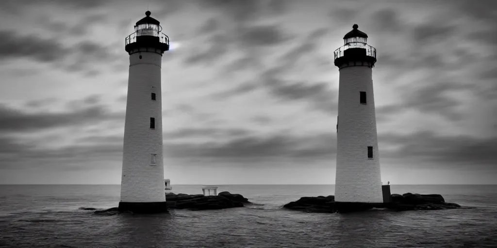 Prompt: Haunted lighthouse, wise shot from the ocean at night, Delaware