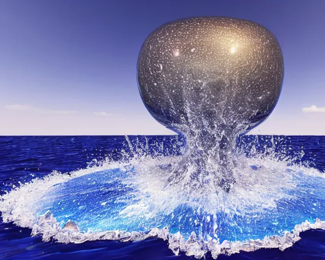 Prompt: a giant abstract sculpture of the birth of the universe on the ocean water, in the style of jeff koons, award winning, cinematic, hyper - realistic, very detailed, realistic water splashes, ray tracing, 8 k resolution, long - shot, sharp focus, low angle, 8 5 mm photograph, wide lens