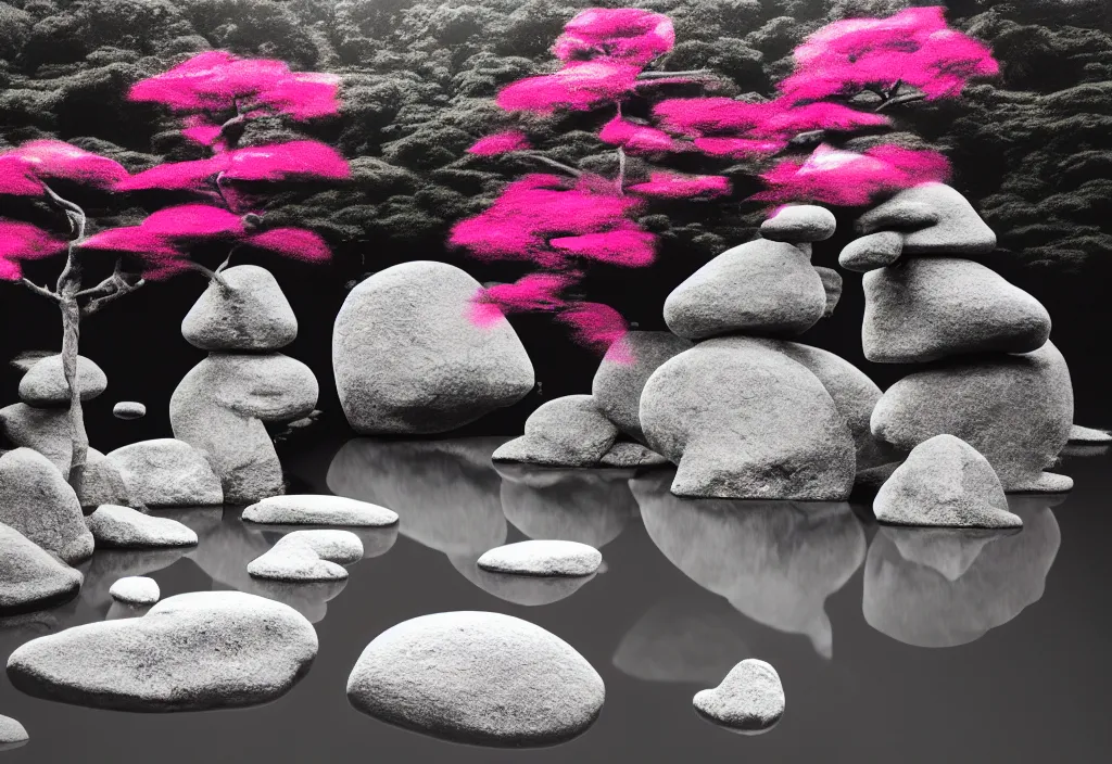 Image similar to serene beautiful temple rock garden kyoto, japan, a collage painting, in the style of wes anderson, lola dupre, david hockney, isolated on negative white space background dark monochrome fluorescent neon spraypaint accents volumetric octane render