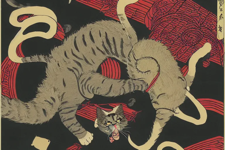 Prompt: cat attacking Tokyo, ukiyo-e print, masterpiece, masterwork, artstation