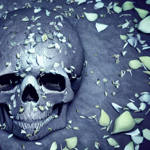 Image similar to obsidian skull surrounded by flower petals, octane render, trending on artstation