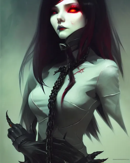 Image similar to dark vampire, character portrait, concept art, painterly, fanart, highly detailed in the style of overwatch by ilya kuvshinov and gustave dore, wenjun lin,