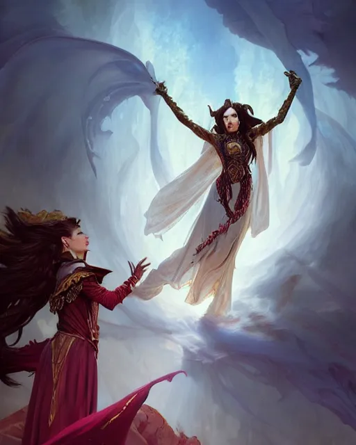 Prompt: beautiful vampire female queen, ascending form the sky, hands reaching out, d & d, fantasy, intricate, elegant, highly detailed, digital painting, artstation, concept art, matte, sharp focus, illustration, hearthstone, art by artgerm and greg rutkowski and alphonse mucha