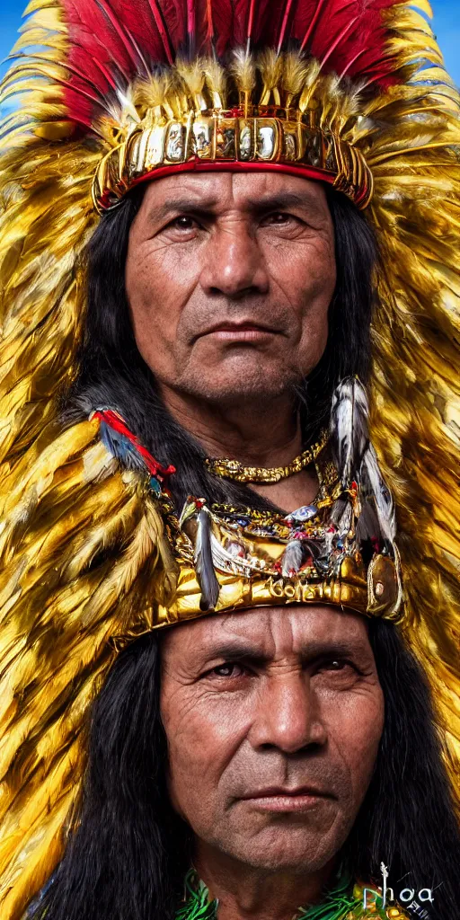 Image similar to portrait of inca king in 1 4 1 8, pacha kutiq inka yupanki. gold jewelry, old headdress with feather, with a red cape. unreal 5, hyper realistic, realistic, photo realistic, dynamic lighting, highly detailed, cinematic landscape, studio landscape, studio lighting