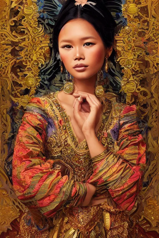 Image similar to portrait of a beautiful indonesian supermodels wearing traditional costume, highly detailed, digital painting, artstation, concept art, sharp focus, illustration, art by kittichai rueangchaichan and james gurney and alphonse mucha