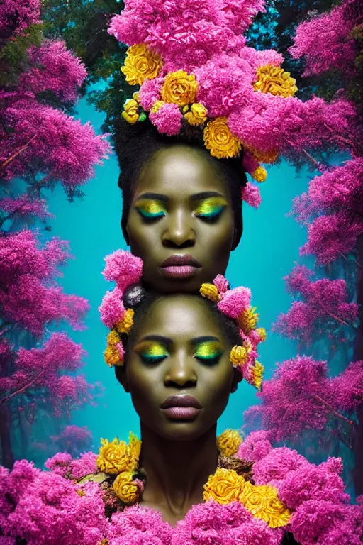 Image similar to high quality photo neo - rococo cinematic super expressive! yoruba goddess with exoskeleton armor, merging with tree in a forest, pink yellow flowers, highly detailed digital art masterpiece, smooth etienne sandorfi eric zener dramatic pearlescent soft teal light, ground angle hd 8 k, sharp focus