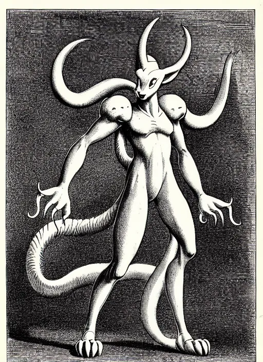 Image similar to illustration of mewtwo as a demon from the dictionarre infernal, etching by louis le breton, 1 8 6 9, 1 2 0 0 dpi scan, ultrasharp detail, clean scan