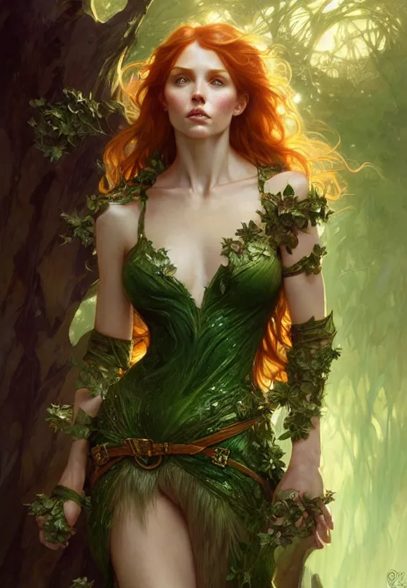 Prompt: portrait of fairy woman, d & d, green eyes, ginger hair, face, fantasy, intricate, elegant, highly detailed, digital painting, artstation, concept art, smooth, sharp focus, illustration, art by artgerm and greg rutkowski and alphonse mucha