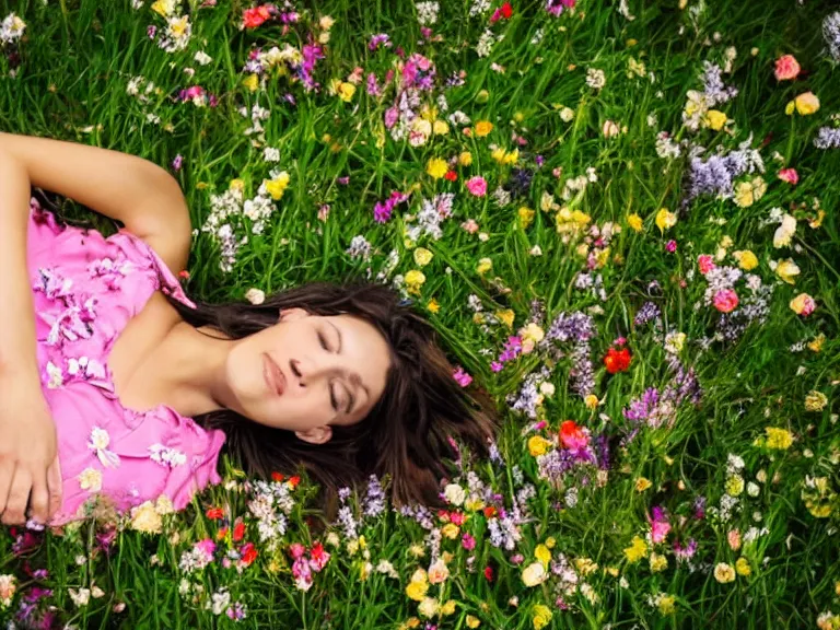 Image similar to girl laying down in the lawn full of flowers that smells like honey amongst forest with her soul connected to the nature around her