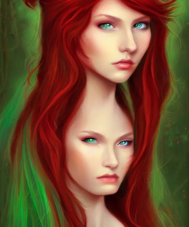Prompt: Fae teenage girl, portrait, face, long red hair, green highlights, fantasy, intricate, elegant, highly detailed, digital painting