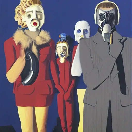 Image similar to painting of hollywood babylon, twin peaks, blue velvet, mulholland drive, gas mask, by paula rego, by magritte