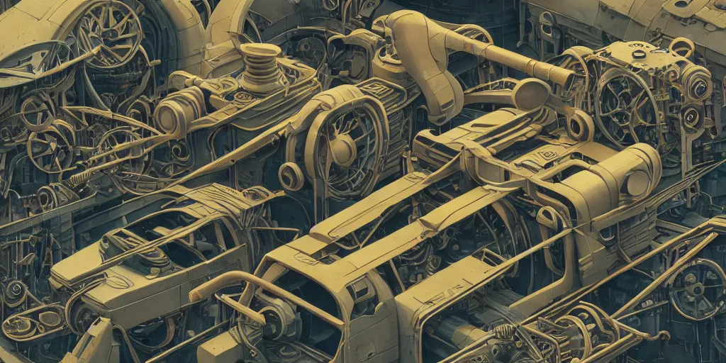 Image similar to collection of exploration of form and shapes, moebius, engine, props, hard surface, panel, simon stalenhag, kitbash, items, gadget, big medium small, close up, vehicles, futuristic, parts, machinery, greebles, insanely detailed, case, hardware, golden ratio, wes anderson color scheme, in watercolor gouache detailed paintings, sleek design, clear