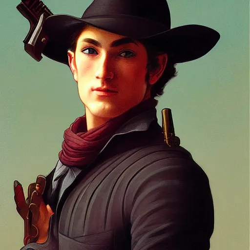 Image similar to a portrait painting of a fantasy gentleman gunslinger, art by tristan eaton and artgerm and william - adolphe bouguereau, vintage style