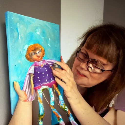 Prompt: woman with the magical ability to give life to the dolls she makes, painting