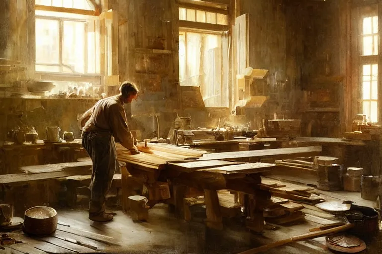 Image similar to simple craftsman fine woodworker building a wooden table in their well lit clean open workshop, art by anders zorn, wonderful masterpiece by greg rutkowski, beautiful cinematic light, american romanticism thomas lawrence, greg rutkowski