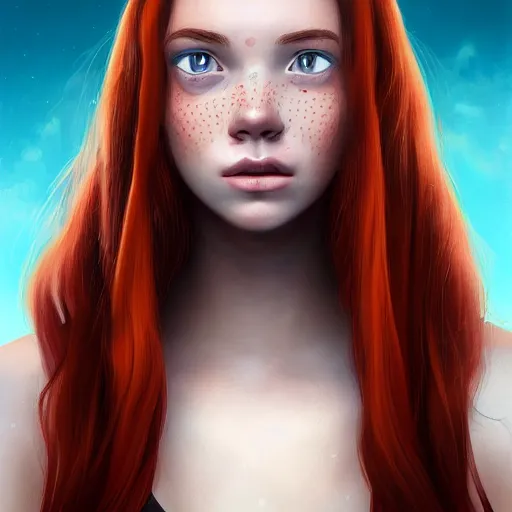 Image similar to portrait of a teen girl with freckles with long red hair and bright brown eyes, 8 k, highly detailed, digital painting, artstation, sharp focus, illustration