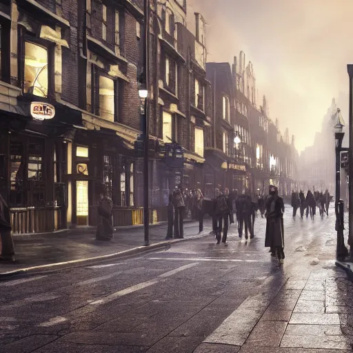 Image similar to 8 k hd detailed octane render of a bustling city street in victorian london
