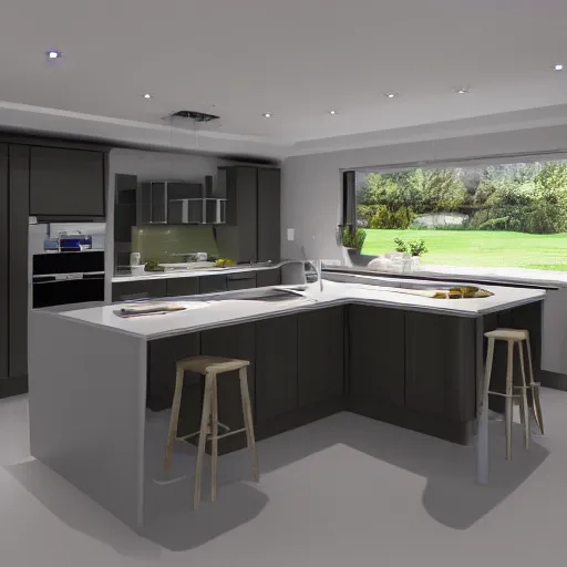 Image similar to modern kitchen with led strip lighting roof lantern, homes and gardens, super detailed render, award winning,